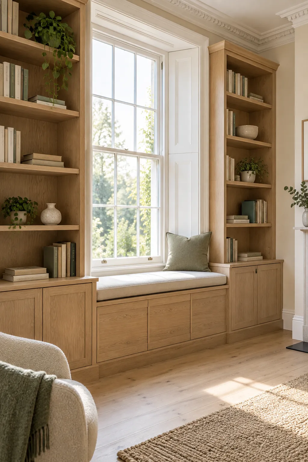 Illustrated design concept of oak shelving and a window seat beside a tall window