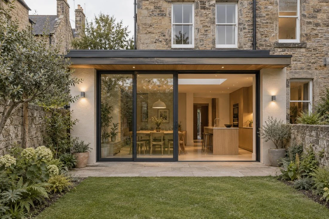 Extension design concept showing glazed doors and a warm timber soffit on a stone house