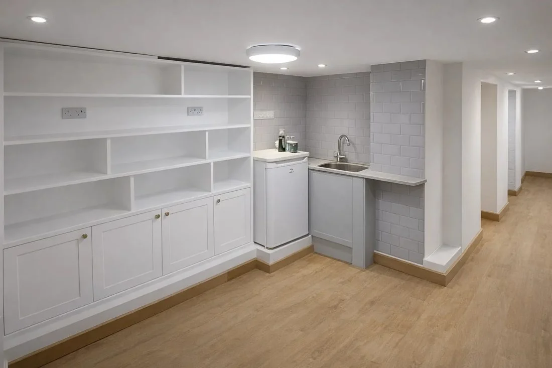 White fitted storage and cabinetry with an oak floor