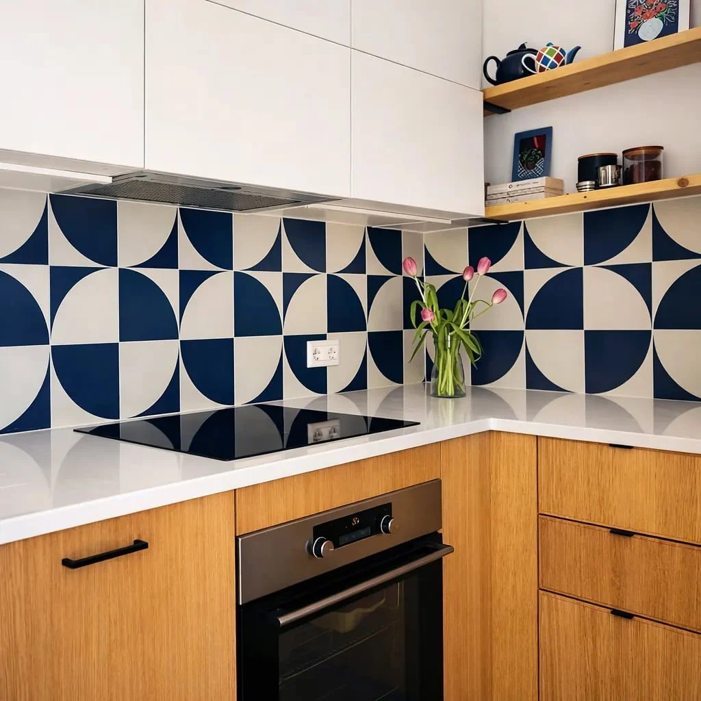 Kitchen cabinet, worktop and tiled splashback detail.