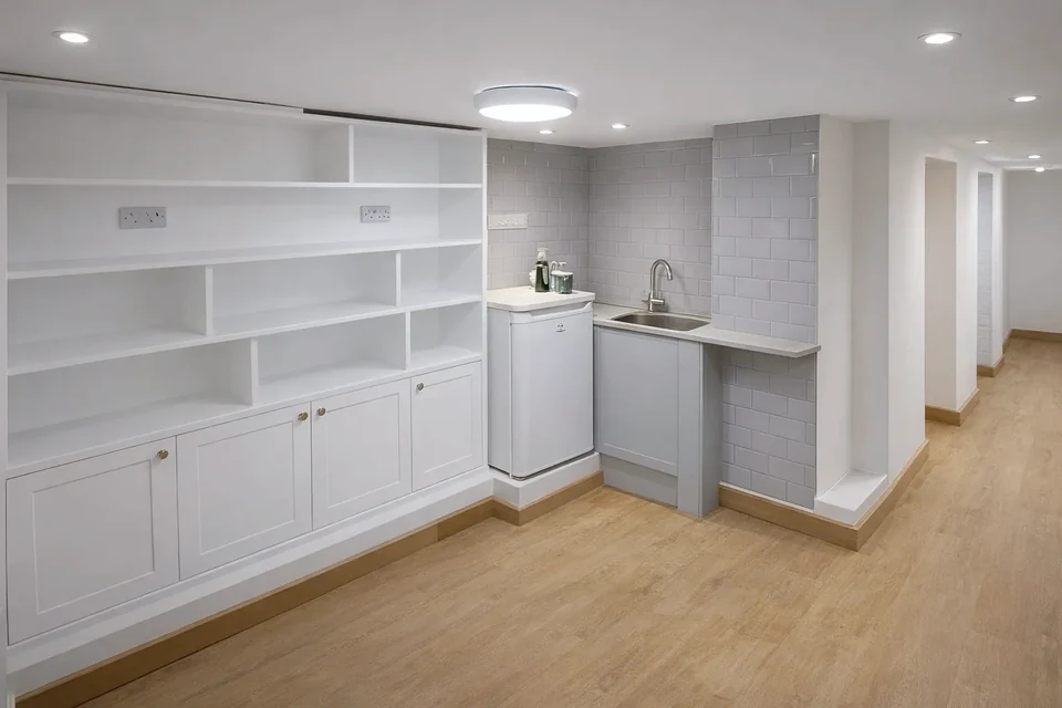 Utility kitchenette and fitted shelving during installation