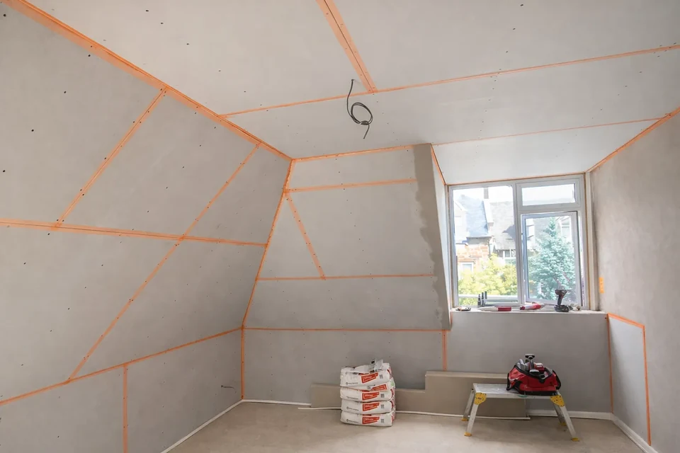 Loft room with boarded walls during construction
