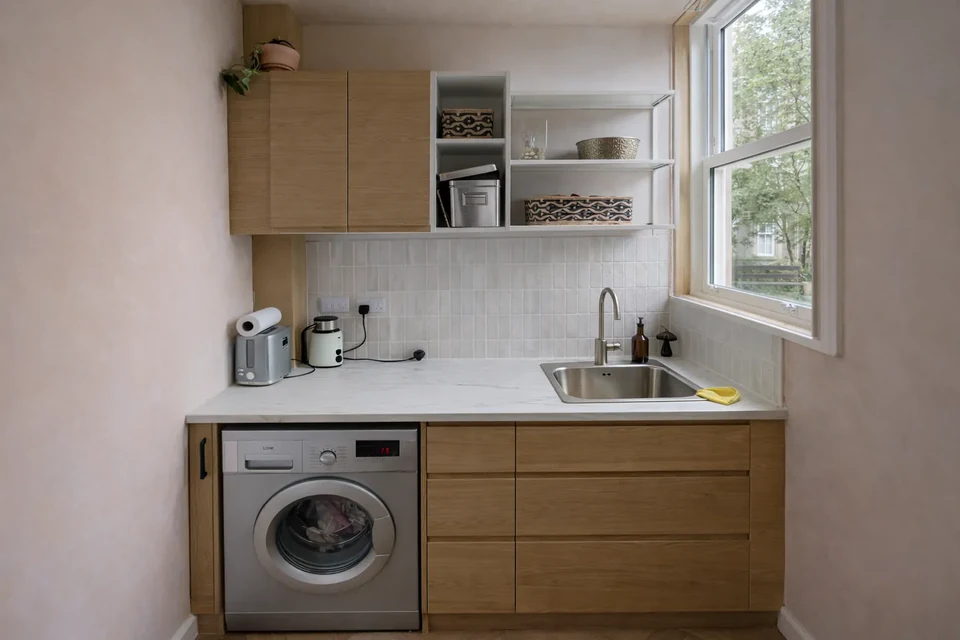 Utility room with timber cabinets and washing machine
