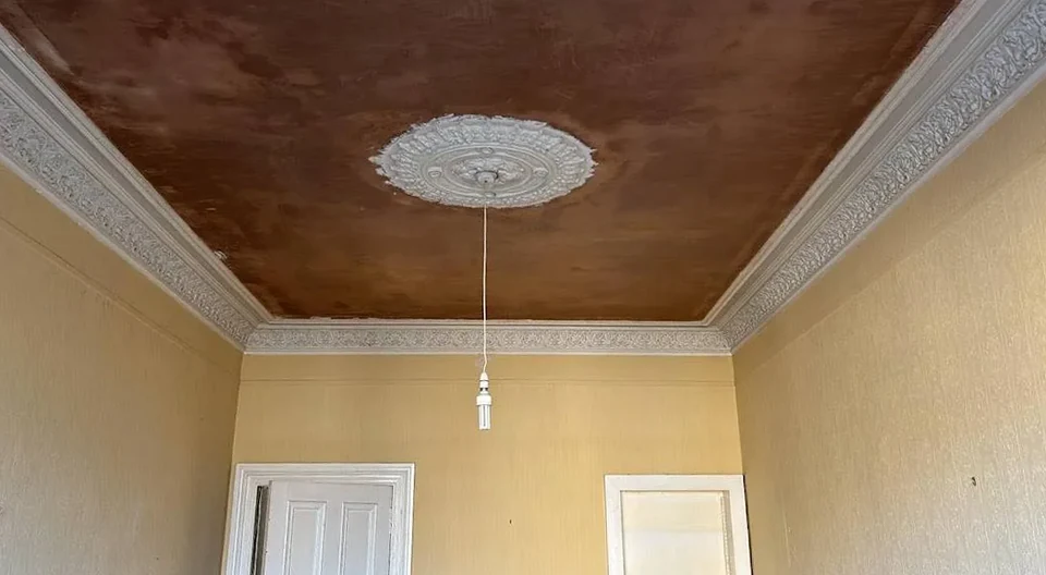 Ceiling plasterwork with retained cornice and ceiling rose during renovation