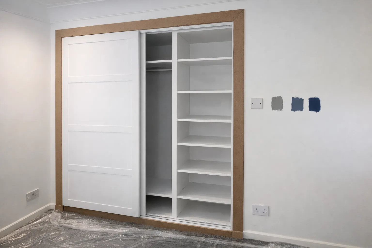 Sage green fitted wardrobes built under sloping eaves in an Edinburgh bedroom
