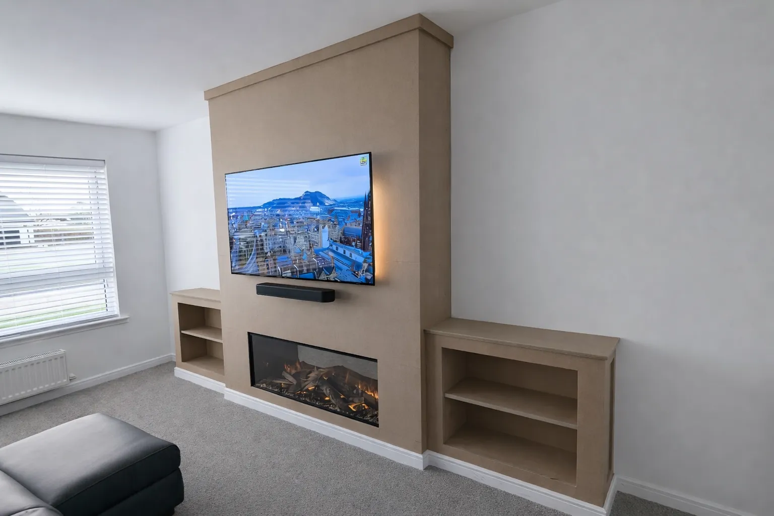 Completed media wall with TV and electric fire in Edinburgh