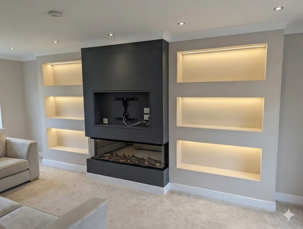 Media wall with lit alcove shelving in Edinburgh