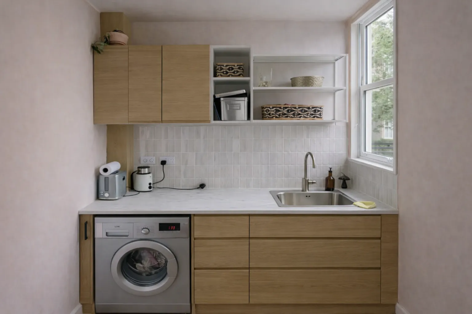 Fitted utility room with oak-effect cupboards and drawers, a washing machine, an inset sink and a tiled splashback
